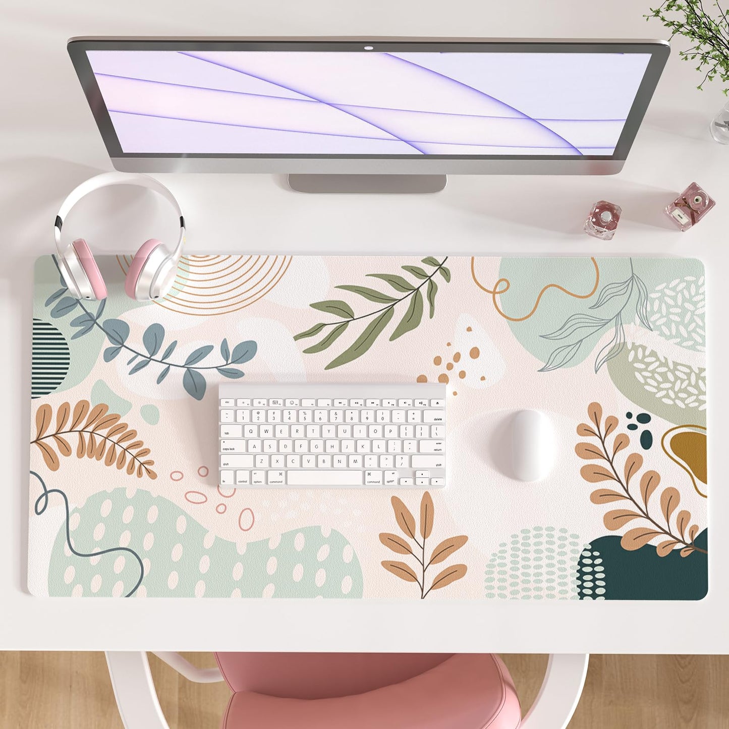 Faux Leather Large Mouse Pad, Office Desk Mat, 31.5"x15.7", Pink Floral | Desk Décor Accessories, Extended Size, Waterproof & Easy to Clean, Smooth Surface, Non Slip Desk Organization