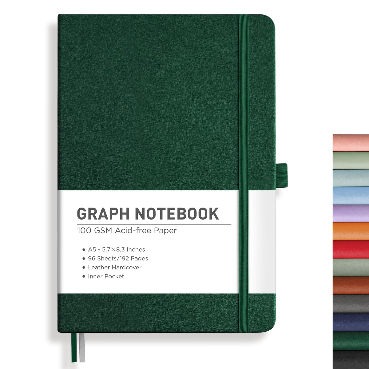 RETTACY Graph Grid Paper Notebook, 192 Pages, A5 Size (5.7'' x 8.3'') | 5 Squares per Inch, Leather Hardcover, 100 GSM Thick Paper, for School, Students, Math, Engineering (Light Green)