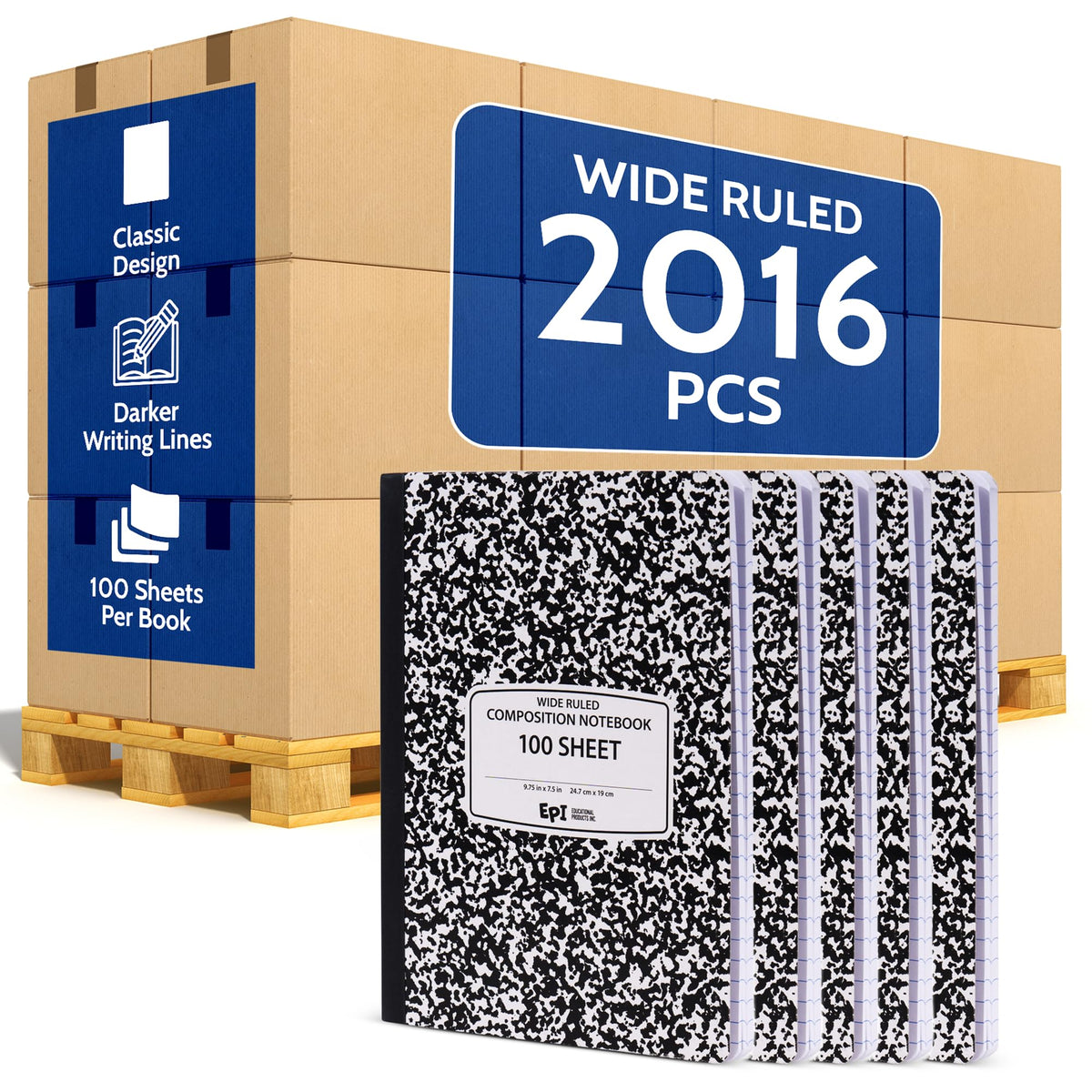 4 Pack - EPI Marble Hardcover Wide Ruled Composition Notebook | 200 Pages (100 Sheets), 9.75 x 7.5 in, Sturdy Sewn Binding | School, Office, Journaling, Notes