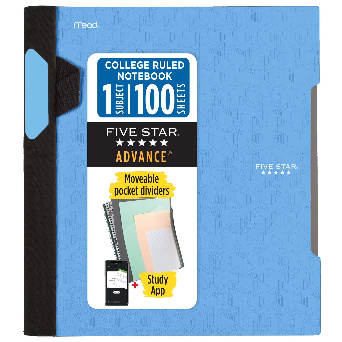 Five Star Advance Spiral Notebooks + Study App, 2 Pack, 1 Subject, College Ruled Paper, 11" x 8-1/2", 100 Sheets, With Spiral Guard and Movable Dividers, Black, Pacific Blue (820112)