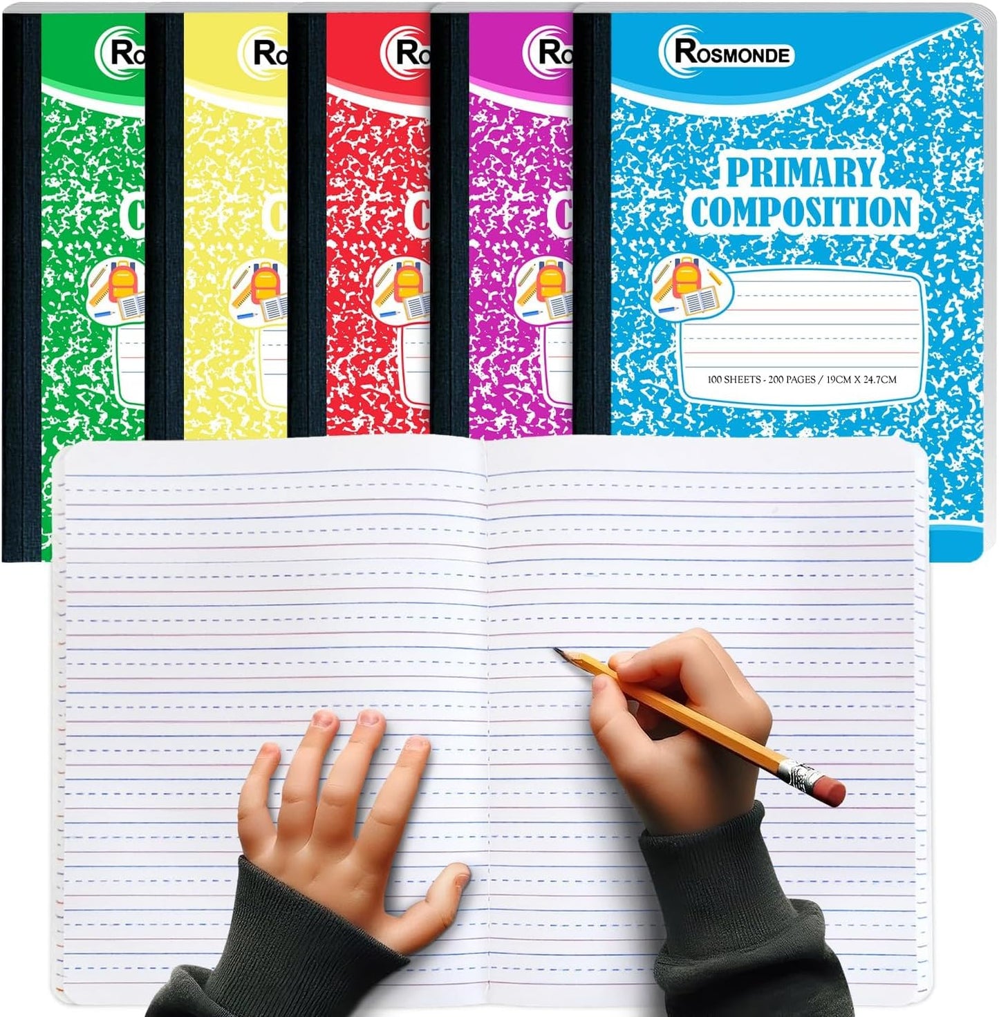 5 Pack Composition Notebooks Primary Ruled, Color Marble Notebooks | Writing Dotted Lined, Grades K-2 Writing Workbook, 200 Pages (100 Sheets), 9-3/4" x 7-1/2", Sewn Binding, Hardcover Notebooks