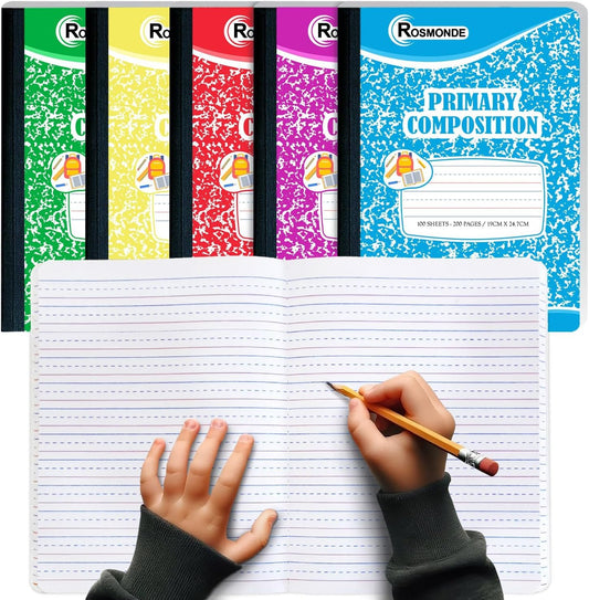 5 Pack Composition Notebooks Primary Ruled, Color Marble Notebooks | Writing Dotted Lined, Grades K-2 Writing Workbook, 200 Pages (100 Sheets), 9-3/4" x 7-1/2", Sewn Binding, Hardcover Notebooks