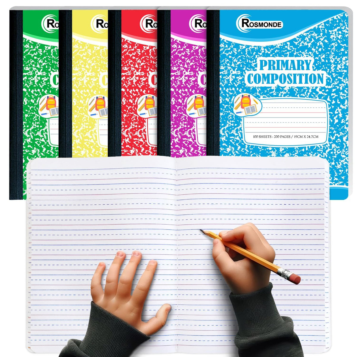 5 Pack Composition Notebooks Primary Ruled, Color Marble Notebooks | Writing Dotted Lined, Grades K-2 Writing Workbook, 200 Pages (100 Sheets), 9-3/4" x 7-1/2", Sewn Binding, Hardcover Notebooks