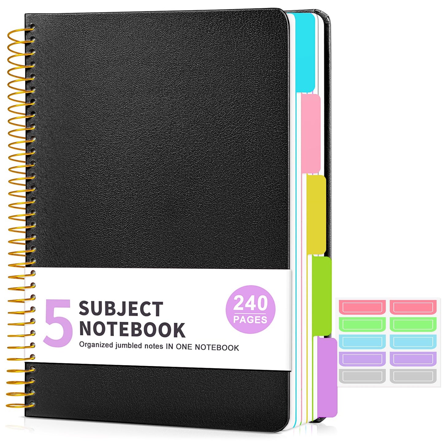 5 Subject Notebook College Ruled 240 Pages, A5(5.8"x8.3") Hardcover Spiral Notebook with Removable Pocket Dividers Tabs, Lined Spiral Journal Notebook for Women, Notebooks for Work School Note taking Pink