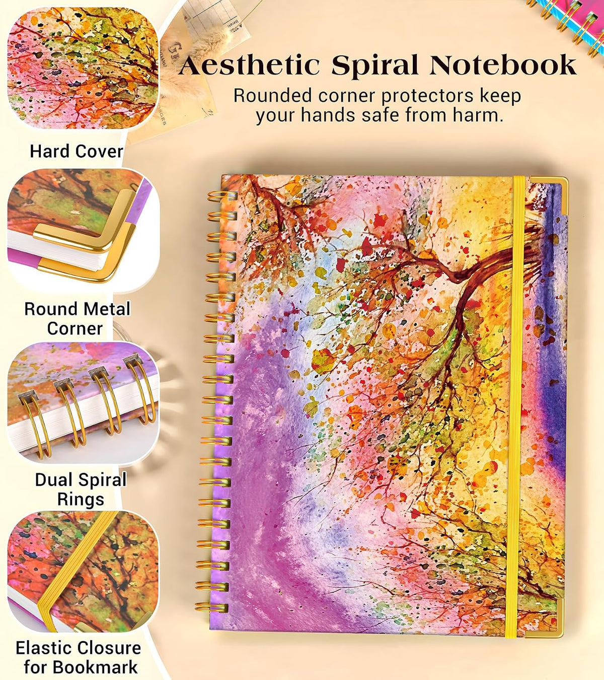 Lined Spiral Notebook Journal for Women, 150 Pages Cute Notebooks 5.75” x 8.38”, A5 Hardcover Spiral Journals with 100 GSM Thick Paper, College Ruled Notebook for Writing Work School, Autumn Tree