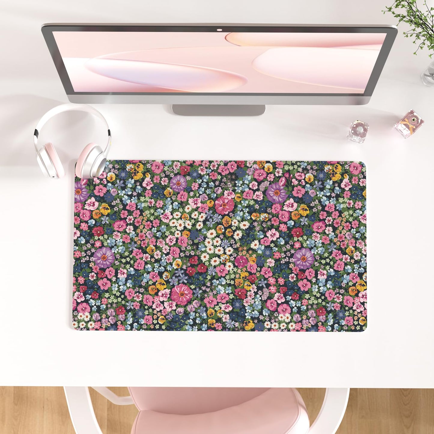 Faux Leather Large Mouse Pad, Office Desk Mat, 31.5"x15.7", Pink Floral | Desk Décor Accessories, Extended Size, Waterproof & Easy to Clean, Smooth Surface, Non Slip Desk Organization