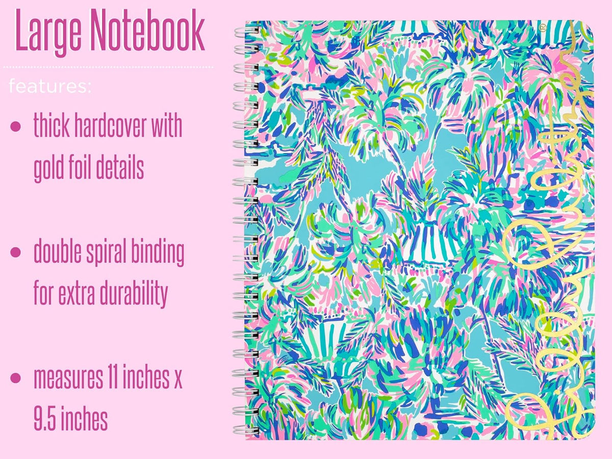 Lilly Pulitzer Large Notebook, Cabana Cocktail | 11" x 9.5" Blue Spiral Journal with Durable Hardcover, 160 College Ruled Pages, Metal Spiral, and Pocket Page