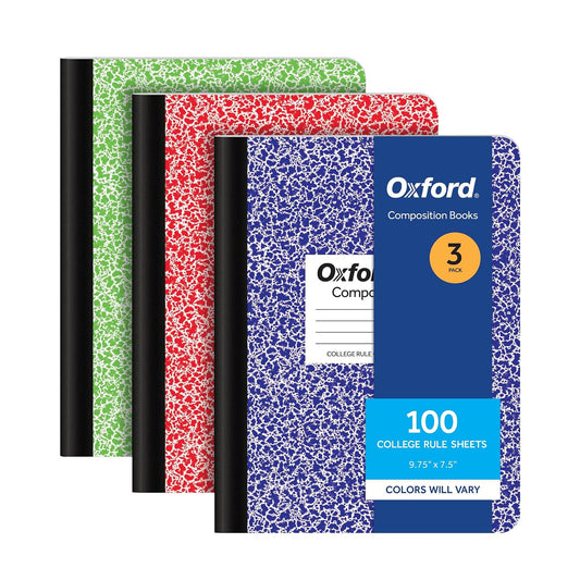 Oxford Composition Notebooks, 3 Pack, Cover Colors Vary, College Ruled Paper, 9-3/4 x 7-1/2 Inch School Journals, Assorted Marble Covers, 100 Sheets per Book (1002518)