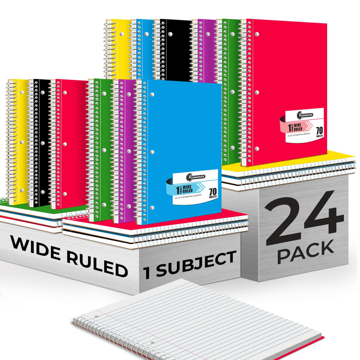 1 Subject Spiral Notebook Bulk, 50 Pack, Wide Ruled, Assorted | Bulk Wide Ruled Notebooks, Thick Paper, 140 Pages (70 Sheets), 8 x 10-1/2", 3 Hole Punched, Bulk Subject Notebook For School