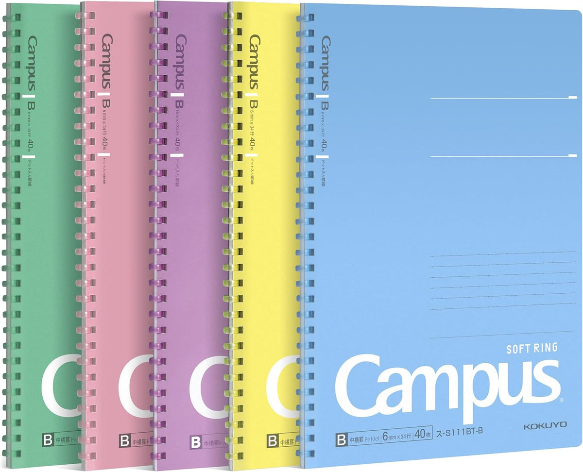 KOKUYO Spiral Lined Notebook, 5 Pack 10'' x 7'' Pastel Journal B5 Campus Soft Ring Notebooks with Dot 6 mm Ruled, 40 Sheets, 1 Subject Notebook, Note Taking for School (SU-S111BT)