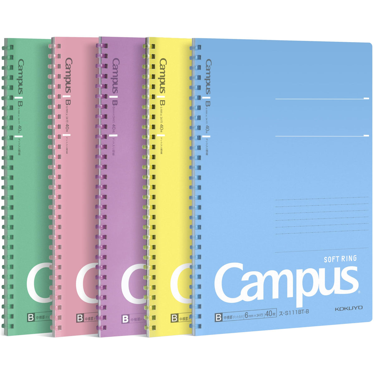 KOKUYO Spiral Lined Notebook, 5 Pack 10'' x 7'' Pastel Journal B5 Campus Soft Ring Notebooks with Dot 6 mm Ruled, 40 Sheets, 1 Subject Notebook, Note Taking for School (SU-S111BT)