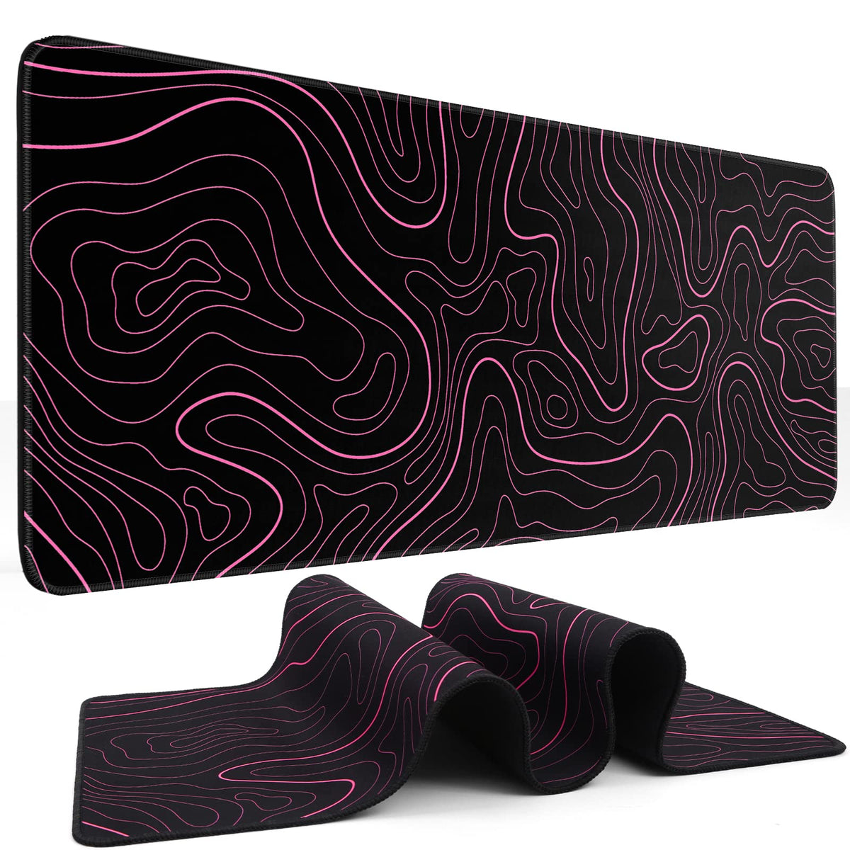DIGSOM Gaming Mouse Pad, Black with White Topographic Line, 31.5x11.8in | XL Mouse mat, Smooth surface, Anti-slip rubber base, For keyboard and mouse, For home and office use