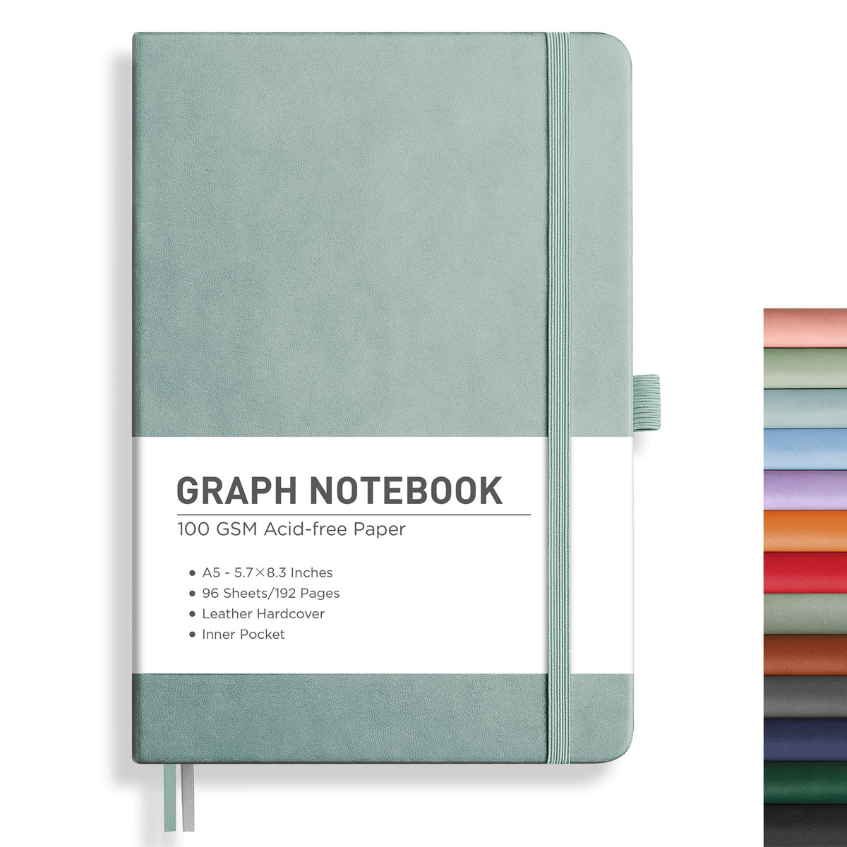 RETTACY Graph Grid Paper Notebook, 192 Pages, A5 Size (5.7'' x 8.3'') | 5 Squares per Inch, Leather Hardcover, 100 GSM Thick Paper, for School, Students, Math, Engineering (Light Green)