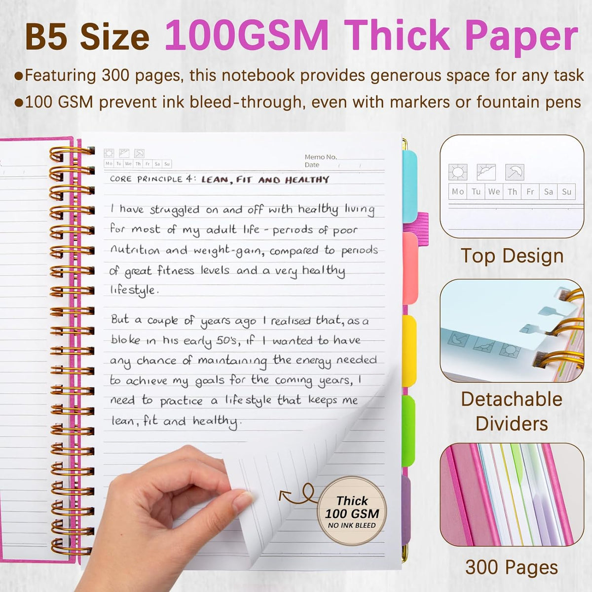 Hardcover Spiral Notebooks for Work 8''x 10'', 300 Pages 5 Subject Notebook with Dividers & Tabs, B5 Spiral Journal for Women, College Ruled Notebooks for School Note-Taking (Rose Purple)