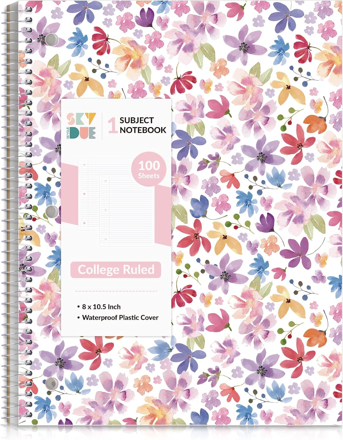 SKYDUE 8"x10.5" Spiral Notebook - College Ruled 100 Sheets, 1 Subject Notebook for School & Office, 3-Hole Punched Paper, Floral Design