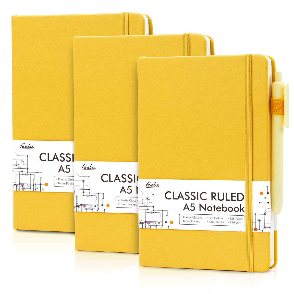 feela 3 Pack Hardcover Notebook For Women, Classic Ruled Lined Journal Set School Business Supplies, with 3 Black Pens, 120 GSM, 5.1”x8.3”, A5, Pastel Colors, Light Blue, Light Purple, Light Green