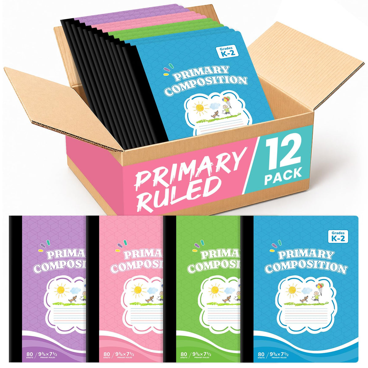 Primary Ruled Composition Notebook K-2, Cute Composition Notebook | 4 Pack 9-3/4" x 7-1/2", 160 Pages (80 Sheets), Pastel Primary Composistion Notebook Perfect for School Office Supplies