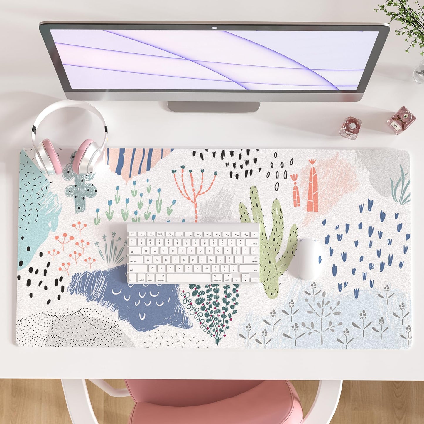 Faux Leather Large Mouse Pad, Office Desk Mat, 31.5"x15.7", Pink Floral | Desk Décor Accessories, Extended Size, Waterproof & Easy to Clean, Smooth Surface, Non Slip Desk Organization