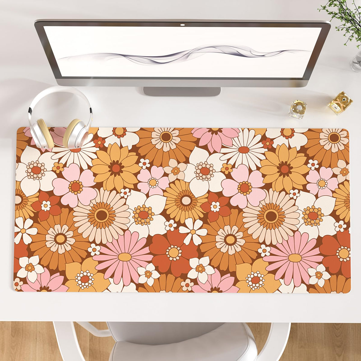 Faux Leather Large Mouse Pad, Office Desk Mat, 31.5"x15.7", Pink Floral | Desk Décor Accessories, Extended Size, Waterproof & Easy to Clean, Smooth Surface, Non Slip Desk Organization