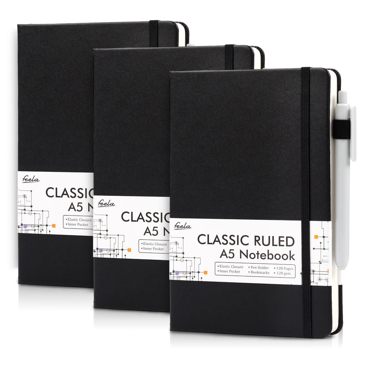 feela 3 Pack Hardcover Notebook For Women, Classic Ruled Lined Journal Set School Business Supplies, with 3 Black Pens, 120 GSM, 5.1”x8.3”, A5, Pastel Colors, Light Blue, Light Purple, Light Green