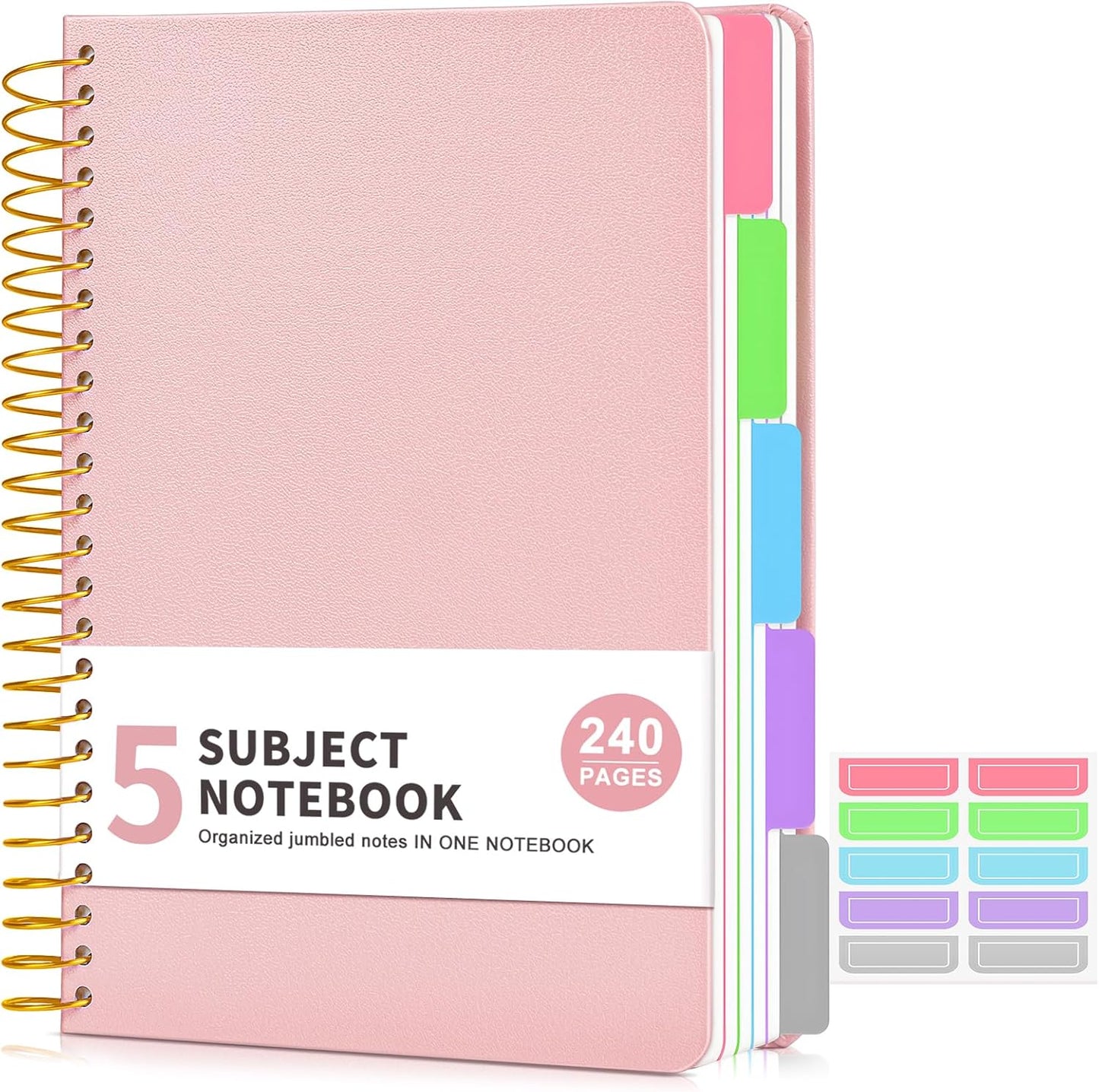 5 Subject Notebook College Ruled 240 Pages, A5(5.8"x8.3") Hardcover Spiral Notebook with Removable Pocket Dividers Tabs, Lined Spiral Journal Notebook for Women, Notebooks for Work School Note taking Pink