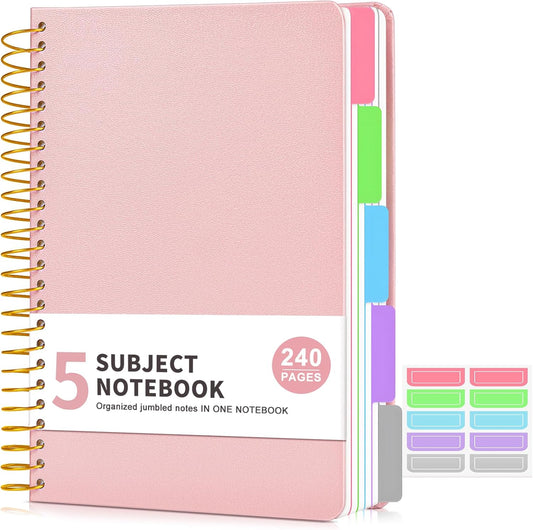 5 Subject Notebook College Ruled 240 Pages, A5(5.8"x8.3") Hardcover Spiral Notebook with Removable Pocket Dividers Tabs, Lined Spiral Journal Notebook for Women, Notebooks for Work School Note taking Pink