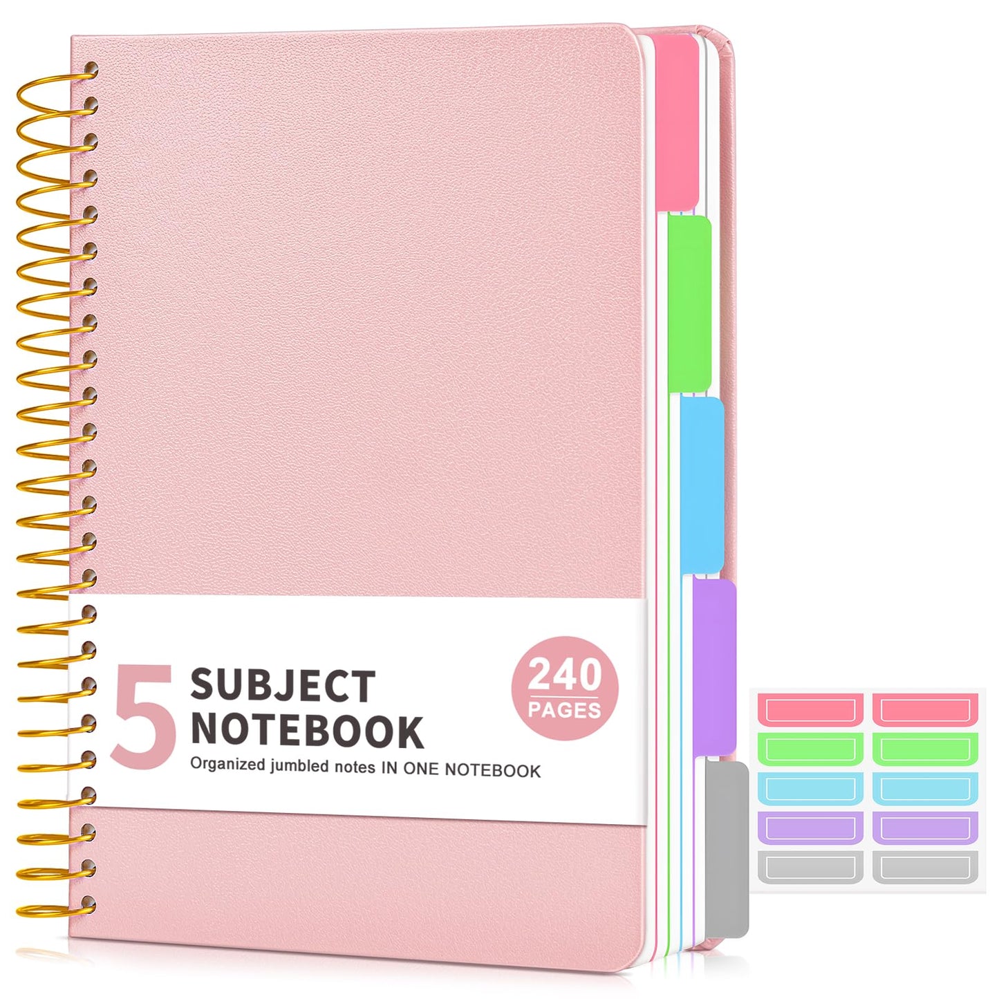 5 Subject Notebook College Ruled 240 Pages, A5(5.8"x8.3") Hardcover Spiral Notebook with Removable Pocket Dividers Tabs, Lined Spiral Journal Notebook for Women, Notebooks for Work School Note taking Pink
