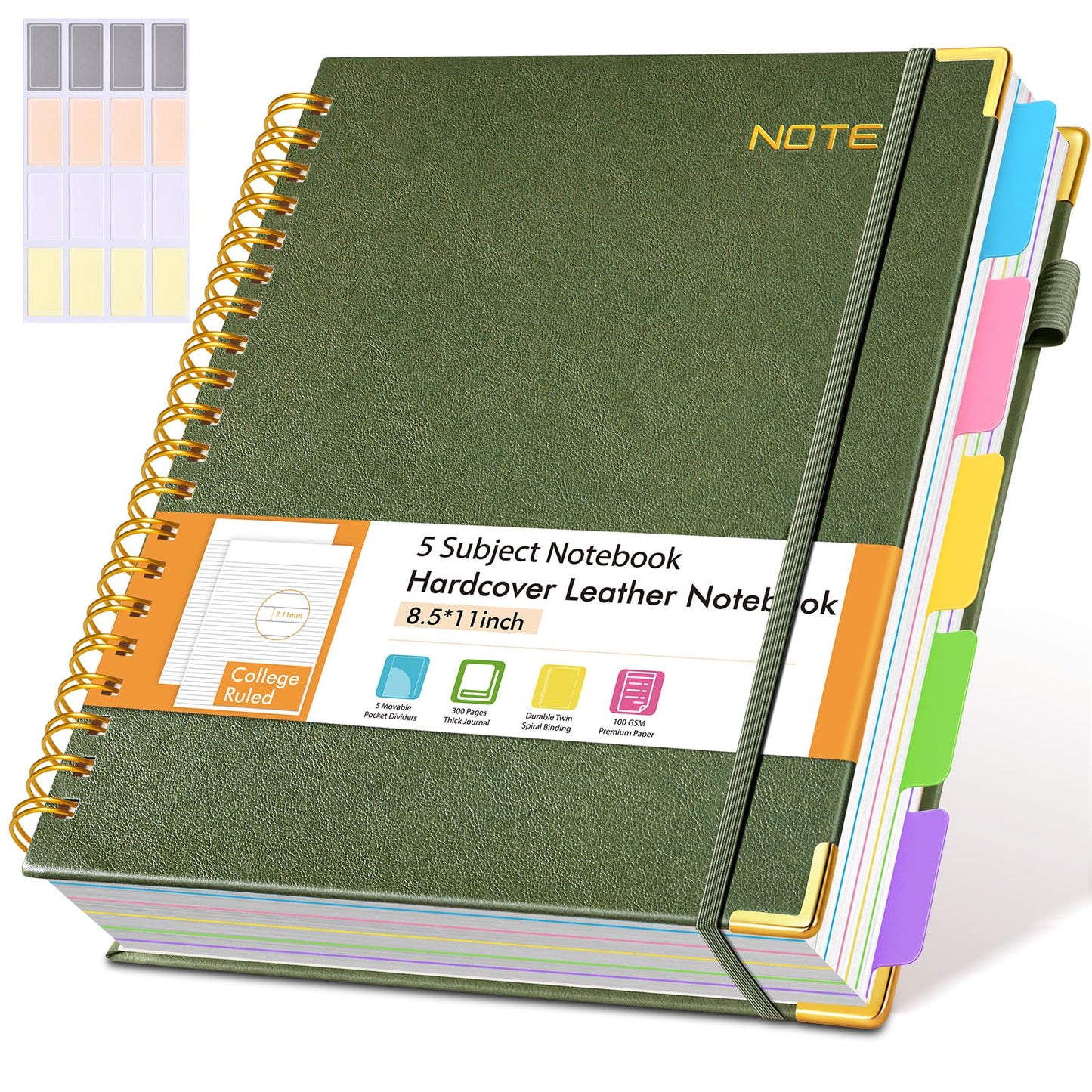 Hardcover Large Spiral Notebook 8.5" x 11" with Removable Dividers Tabs, 300 pages Leather 5 Subject Notebook College Ruled, A4 Journal for Women Men, Notebooks for Work School Note taking,Black