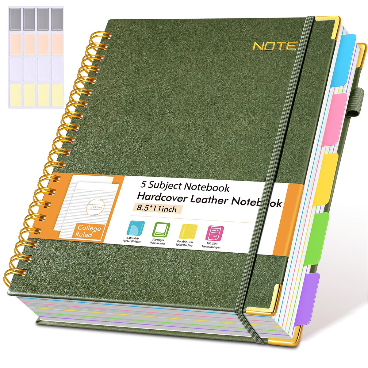 Hardcover Large Spiral Notebook 8.5" x 11" with Removable Dividers Tabs, 300 pages Leather 5 Subject Notebook College Ruled, A4 Journal for Women Men, Notebooks for Work School Note taking,Purple