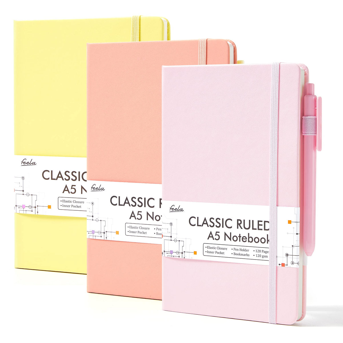feela 3 Pack Hardcover Notebook For Women, Classic Ruled Lined Journal Set School Business Supplies, with 3 Black Pens, 120 GSM, 5.1”x8.3”, A5, Pastel Colors, Light Blue, Light Purple, Light Green