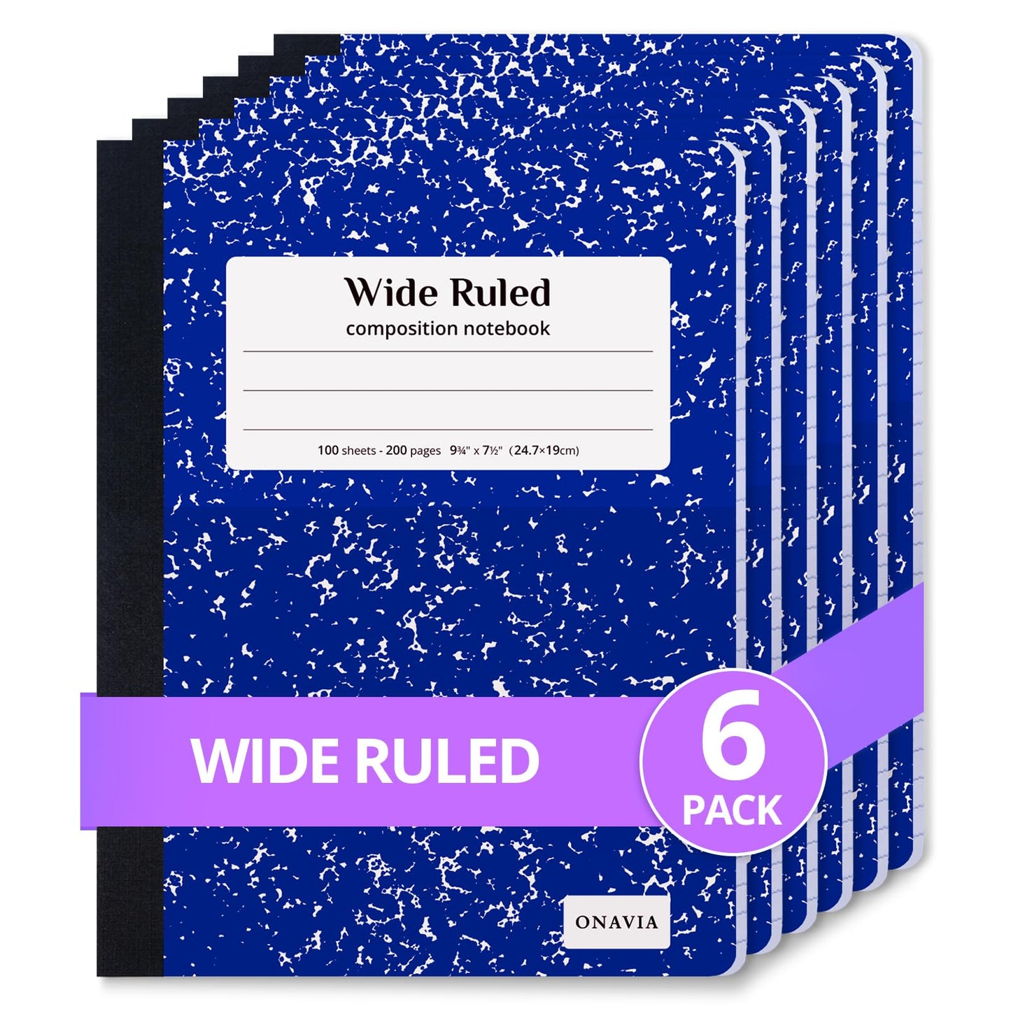 ONAVIA Composition Notebook Wide Ruled 6 Pack, 200 Pages, Marble Black | 100 ct, 9.75 x 7.5 in, Wide Ruled Composition Notebook, Durable Comp Book, School Notebooks, Note Taking, Students