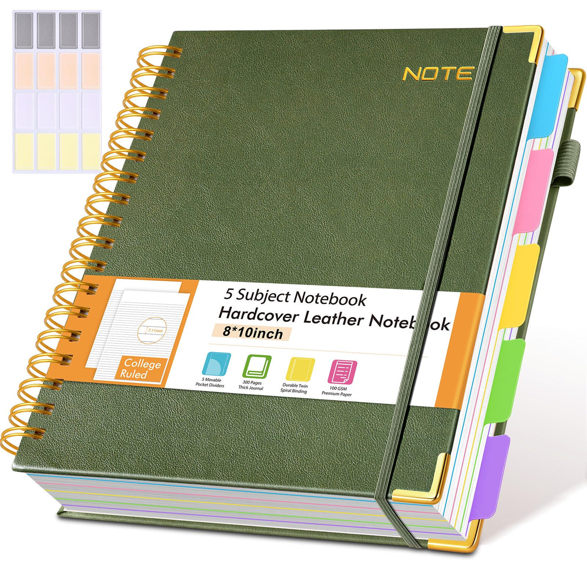 Hardcover Large Spiral Notebook 8.5" x 11" with Removable Dividers Tabs, 300 pages Leather 5 Subject Notebook College Ruled, A4 Journal for Women Men, Notebooks for Work School Note taking,Purple