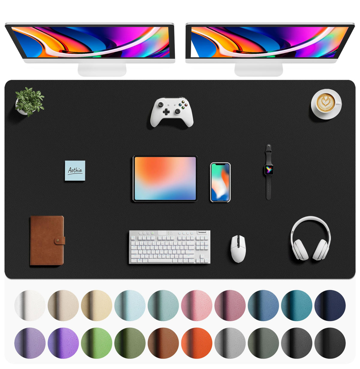 Aothia Non-Slip Waterproof PU Leather Desk Pad Protector for Mouse, Writing Desk, Office, Home, Laptop Blotter, 23.6" x 13.7", Black