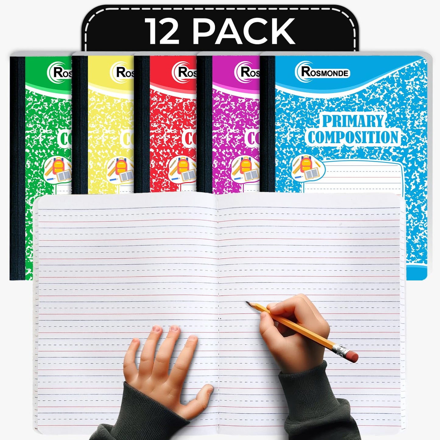 5 Pack Composition Notebooks Primary Ruled, Color Marble Notebooks | Writing Dotted Lined, Grades K-2 Writing Workbook, 200 Pages (100 Sheets), 9-3/4" x 7-1/2", Sewn Binding, Hardcover Notebooks