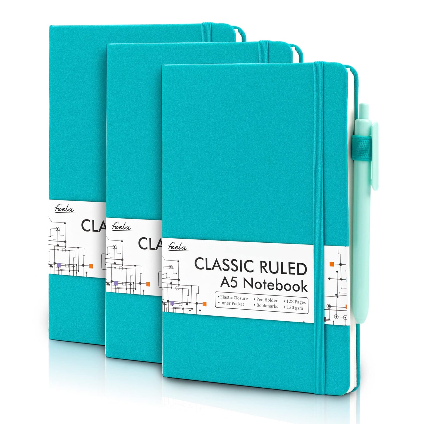 feela 3 Pack Hardcover Notebook For Women, Classic Ruled Lined Journal Set School Business Supplies, with 3 Black Pens, 120 GSM, 5.1”x8.3”, A5, Pastel Colors, Light Blue, Light Purple, Light Green