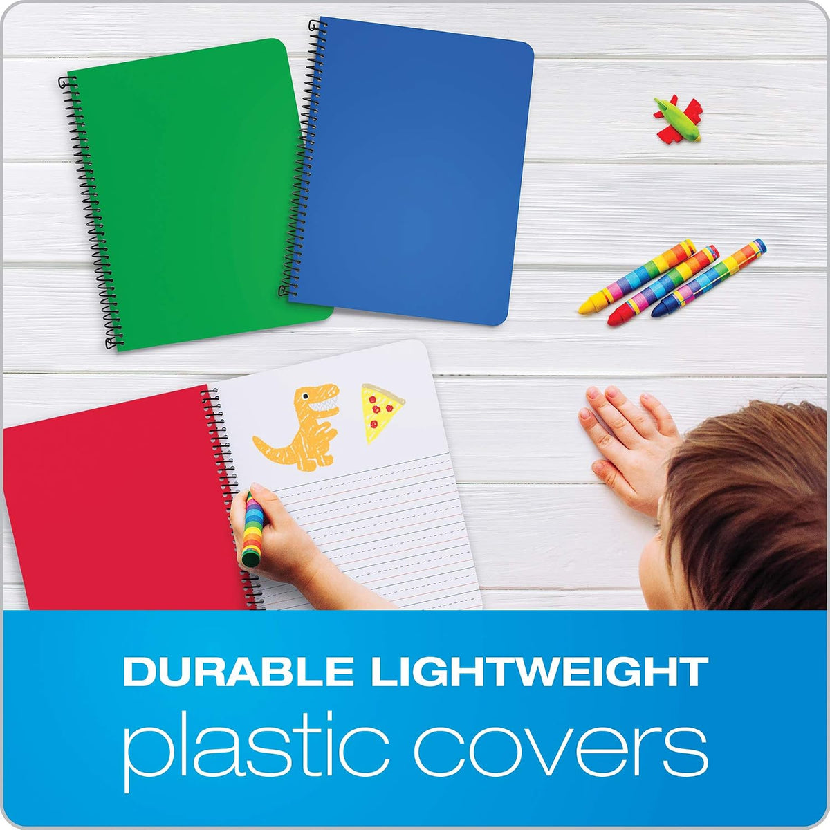 Oxford Primary Spiral Notebooks, Writing/Drawing Practice, Pre-K, K-2, Durable Plastic Covers, Writing Journals for Kids, 80 Sheets, 9-3/4 x 7-1/2 Inch, Blue, Green, Red, 3 Pack (89001)