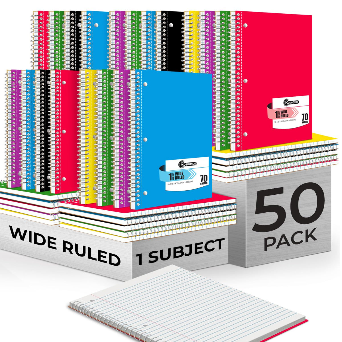 12 Pack Spiral Notebooks, 1 Subject Notebook, Wide Ruled, Assorted | Bulk Wide Ruled Notebooks For School, 70 Sheets (140 Pages), 8 x 10-1/2", 3 Hole Punched, Single Subject Spiral Notebook Bulk