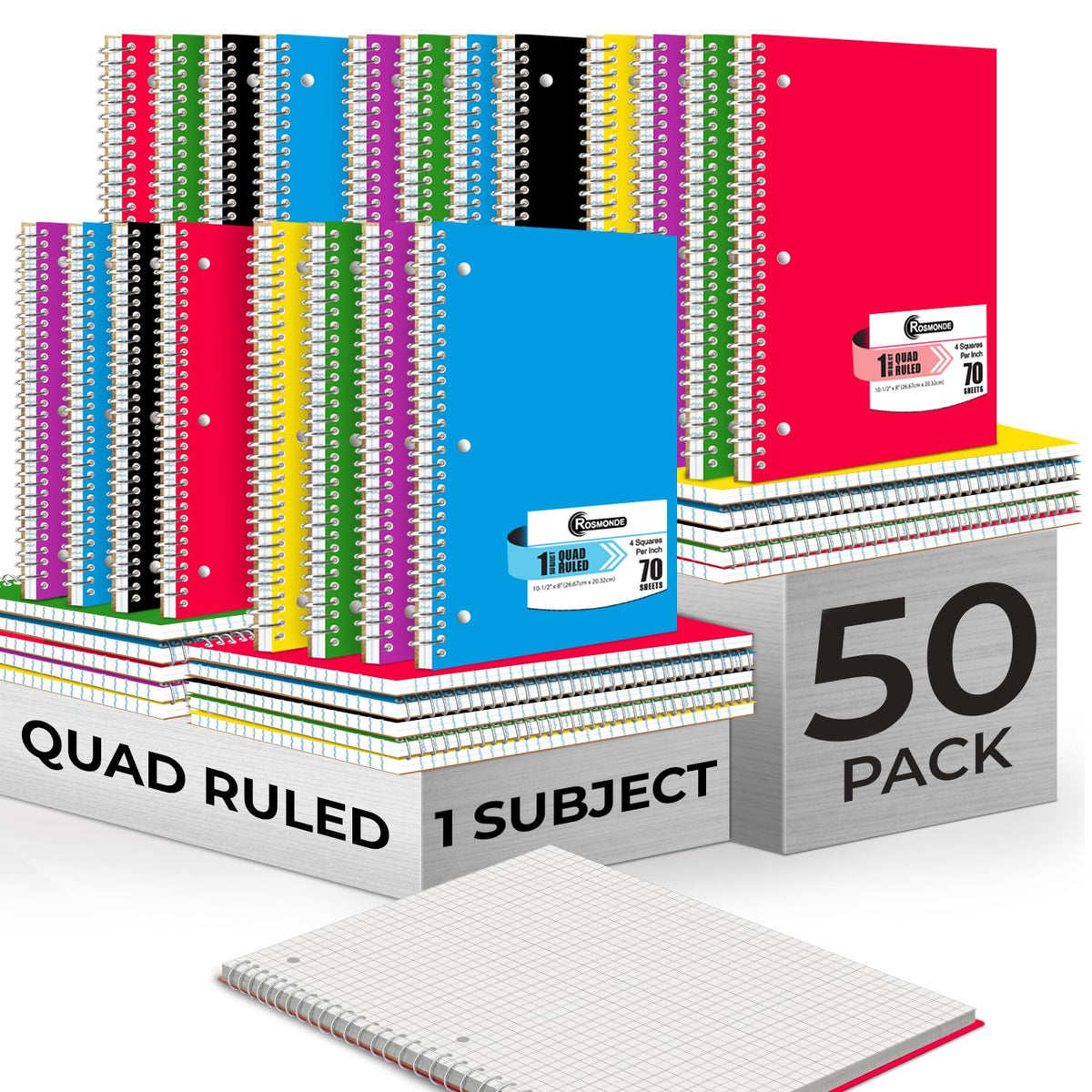1 Subject Graph Paper Spiral Notebook, 12 Pack, 70 Sheets | Bulk 4x4 Spiral Bound Grid Notebooks, 8 x 10-1/2", 3 Hole Punched, Single Subject Quad Ruled Spiral Notebooks for School