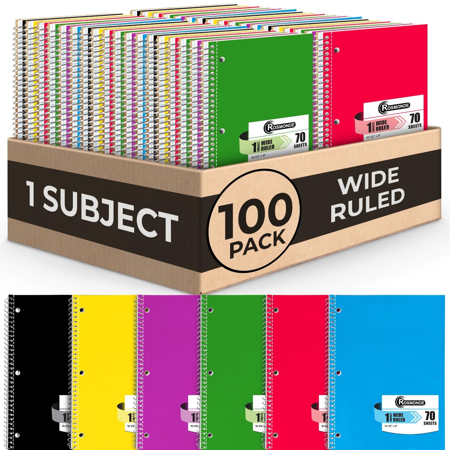 12 Pack Spiral Notebooks, 1 Subject Notebook, Wide Ruled, Assorted | Bulk Wide Ruled Notebooks For School, 70 Sheets (140 Pages), 8 x 10-1/2", 3 Hole Punched, Single Subject Spiral Notebook Bulk