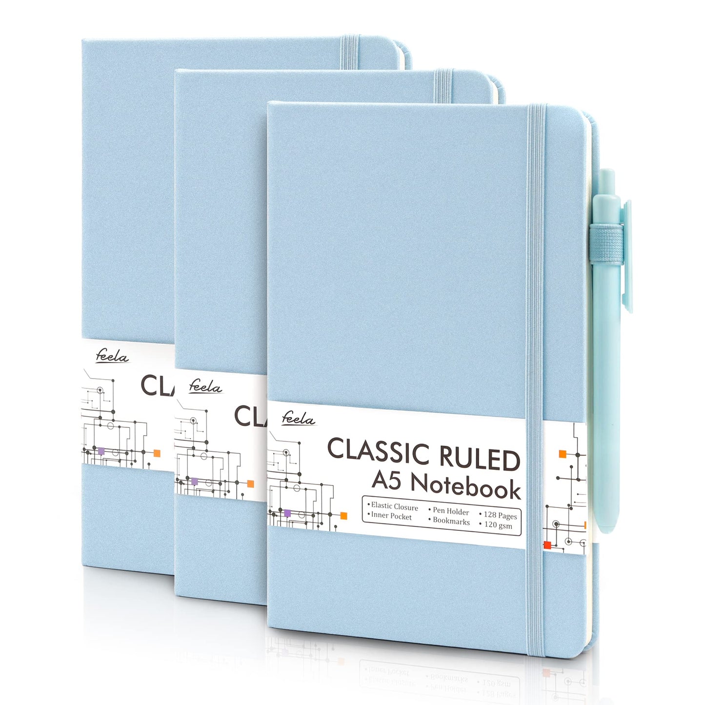 feela 3 Pack Hardcover Notebook For Women, Classic Ruled Lined Journal Set School Business Supplies, with 3 Black Pens, 120 GSM, 5.1”x8.3”, A5, Pastel Colors, Light Blue, Light Purple, Light Green