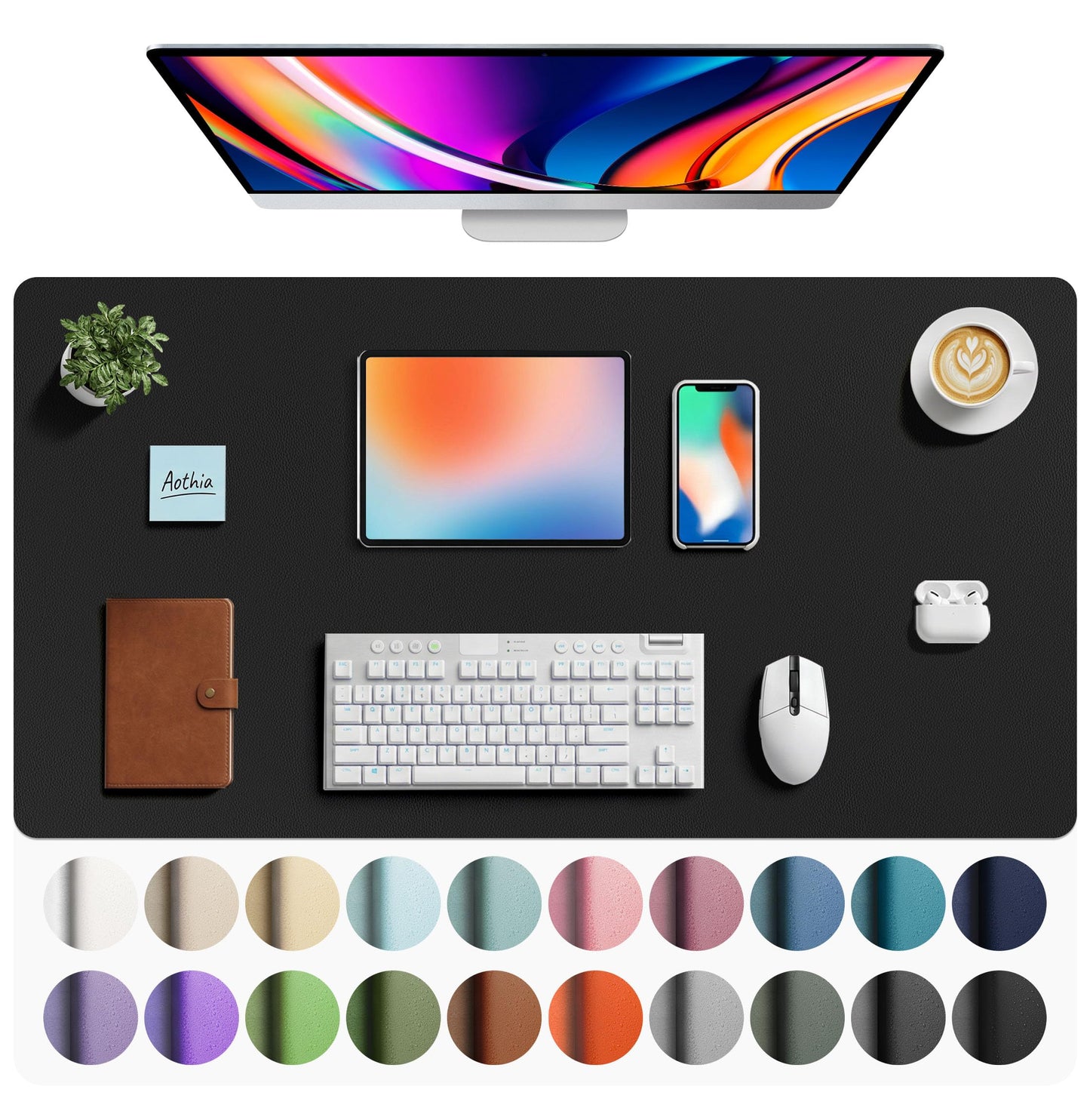 Aothia Non-Slip Waterproof PU Leather Desk Pad Protector for Mouse, Writing Desk, Office, Home, Laptop Blotter, 23.6" x 13.7", Black