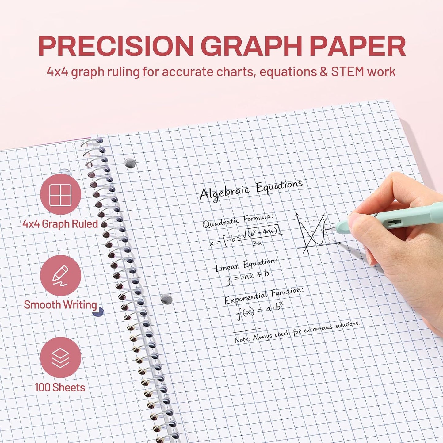 SUNEE Spiral Notebook, 1-Subject, Graph Ruled Paper, 8" x 10-1/2", 100 Sheets per Notebook, 3-Hole Punched Paper, Water Resistant Cover, Spiral Grid Notebooks for Work, Home, School, Writing, Pink