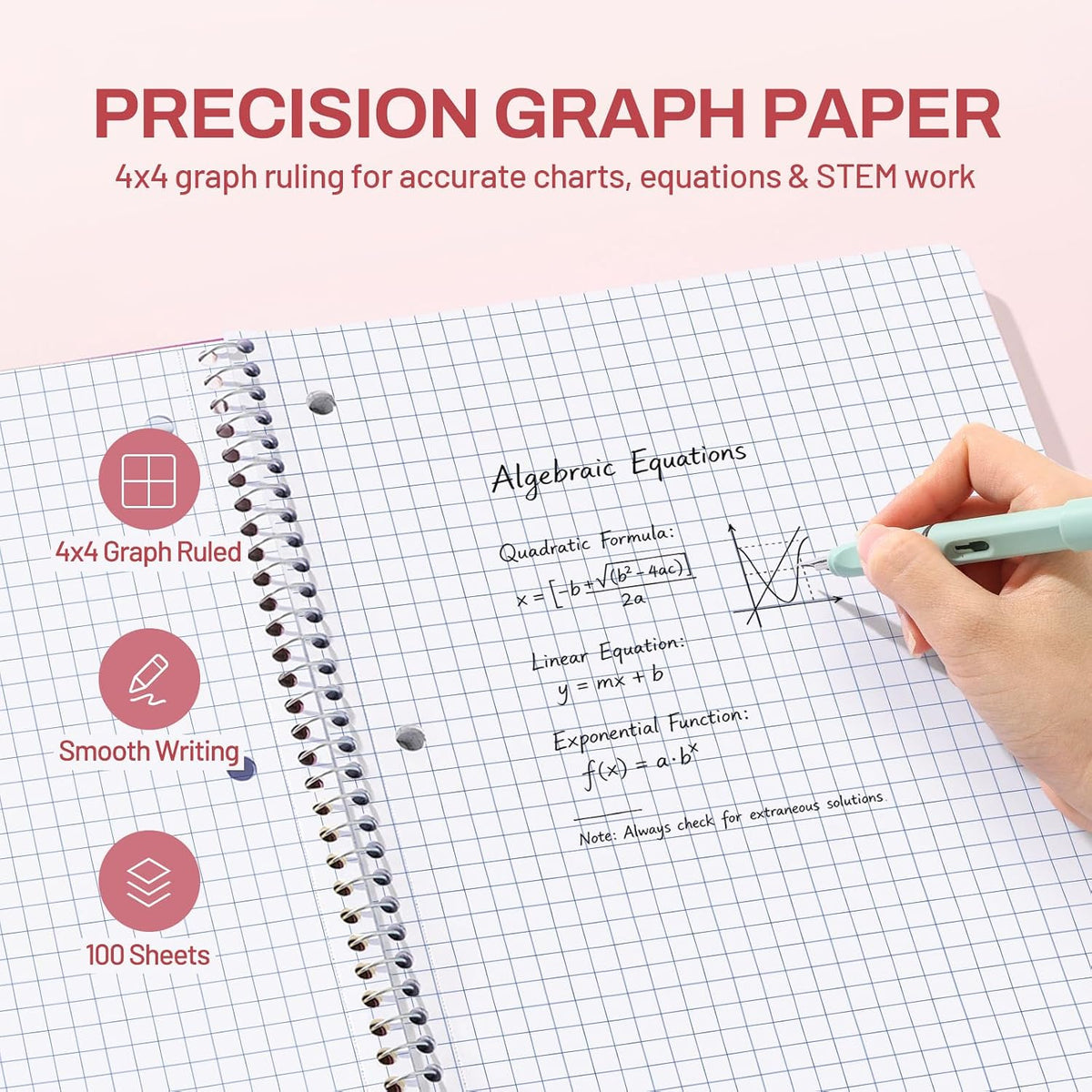 SUNEE Spiral Notebook, 1-Subject, Graph Ruled Paper, 8" x 10-1/2", 100 Sheets per Notebook, 3-Hole Punched Paper, Water Resistant Cover, Spiral Grid Notebooks for Work, Home, School, Writing, Pink