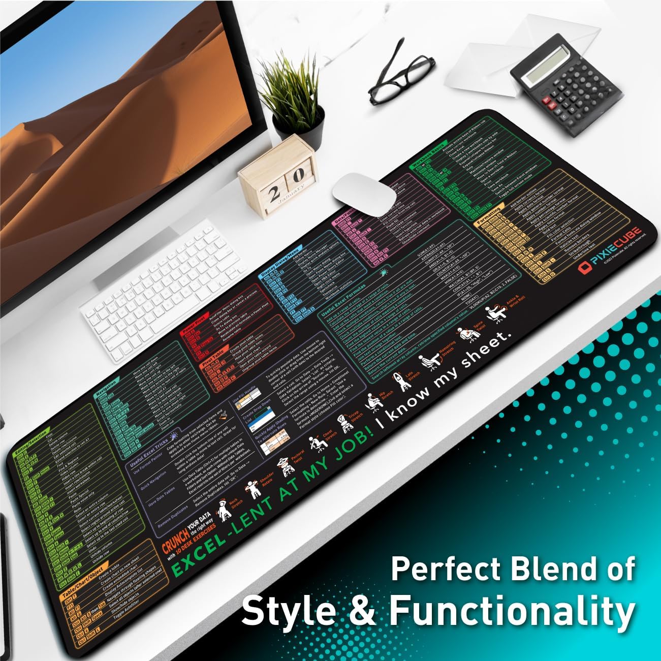 Pixiecube Excel Cheat Sheet Desk Pad | Excel Shortcut Keys Mouse Pad | Extended Large XL Gaming Mousepad | PC Office Spreadsheet Keyboard Mat | Non-Slip Stitched Edge