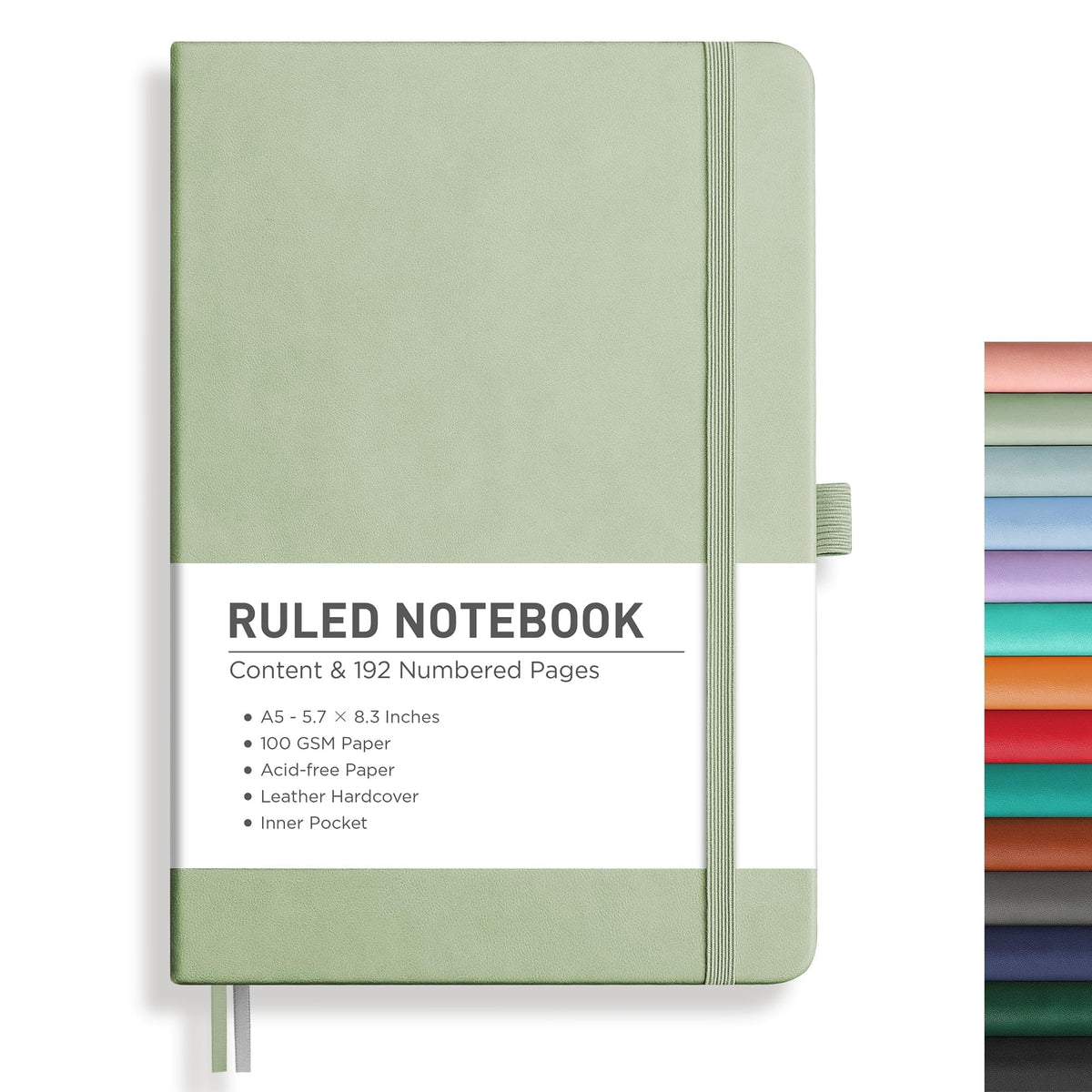 RETTACY Graph Grid Paper Notebook, 192 Pages, A5 Size (5.7'' x 8.3'') | 5 Squares per Inch, Leather Hardcover, 100 GSM Thick Paper, for School, Students, Math, Engineering (Light Green)