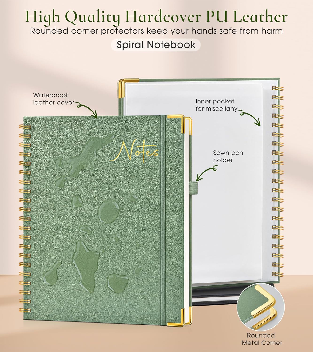 Hardcover Spiral Notebook Journal 8.5” x 11”, A4 Large Leather Notebooks for Women Men, Lined College Ruled Notebook, 50 Sheets/100 Pages, Spiral Bound Journals for Work School Note Taking, Green