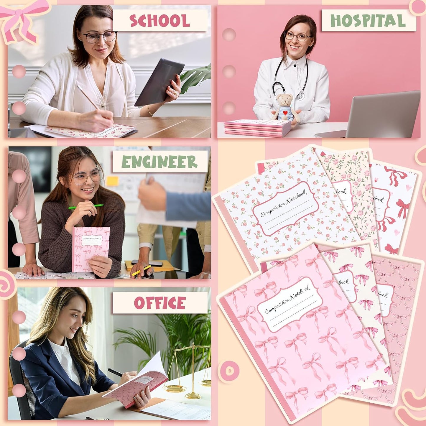 Fullhawl 6 Pack Pink Composition Notebook College Ruled | Back to School Supplies 110 Pages Note Taking, 9-3/4 x 7-1/2"Inch Size, Preppy Aesthetic Design, Cute Journal Office Use