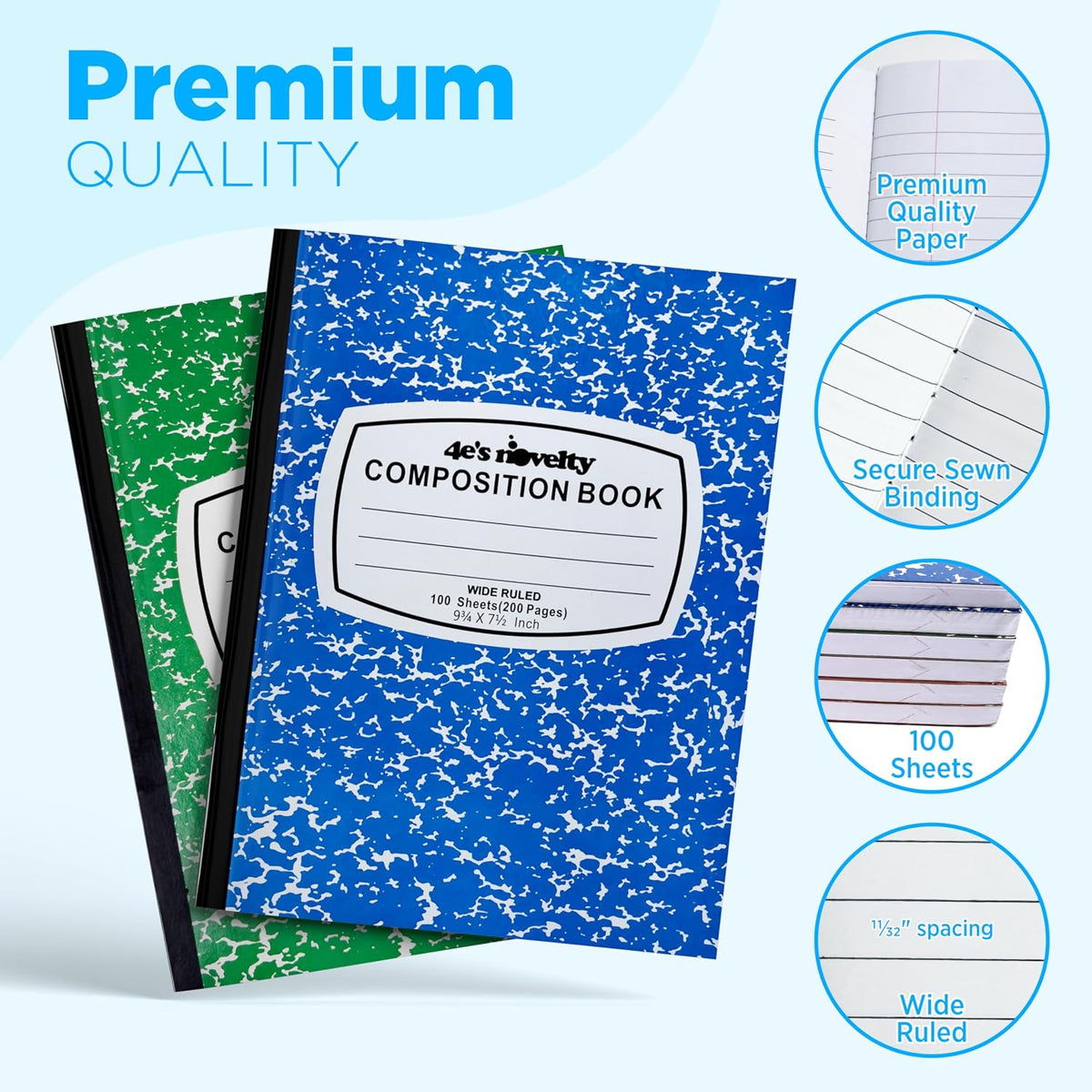4E's Novelty Wide Ruled Composition Notebooks - Pack of 3-100 Sheets 9.75" x 7.5" - Hard Cover Red Blue Green Cute Marble Colors, Bulk Compositon Book Wide Ruling, Back to School Supplies