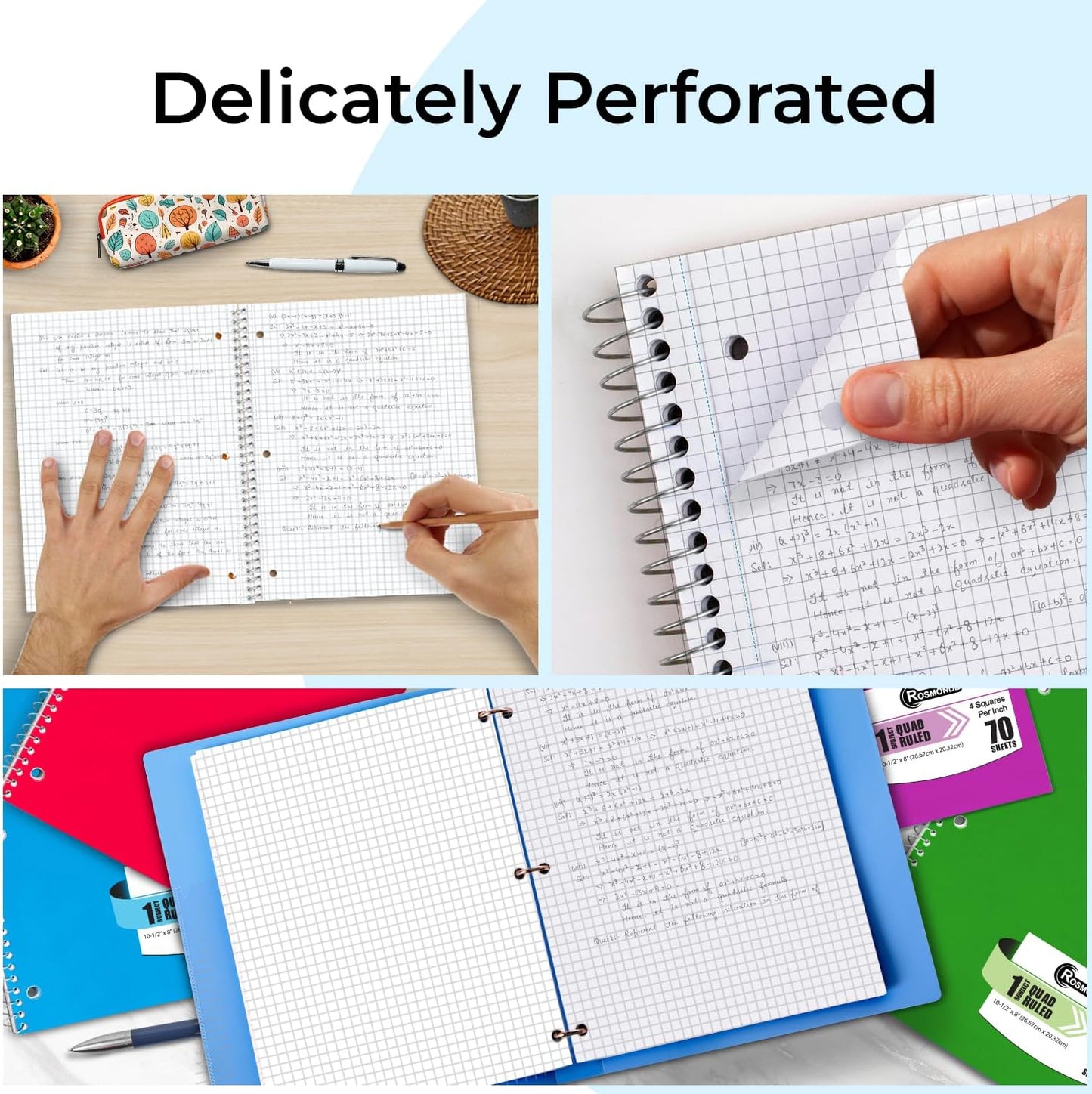 1 Subject Graph Paper Spiral Notebook, 12 Pack, 70 Sheets | Bulk 4x4 Spiral Bound Grid Notebooks, 8 x 10-1/2", 3 Hole Punched, Single Subject Quad Ruled Spiral Notebooks for School