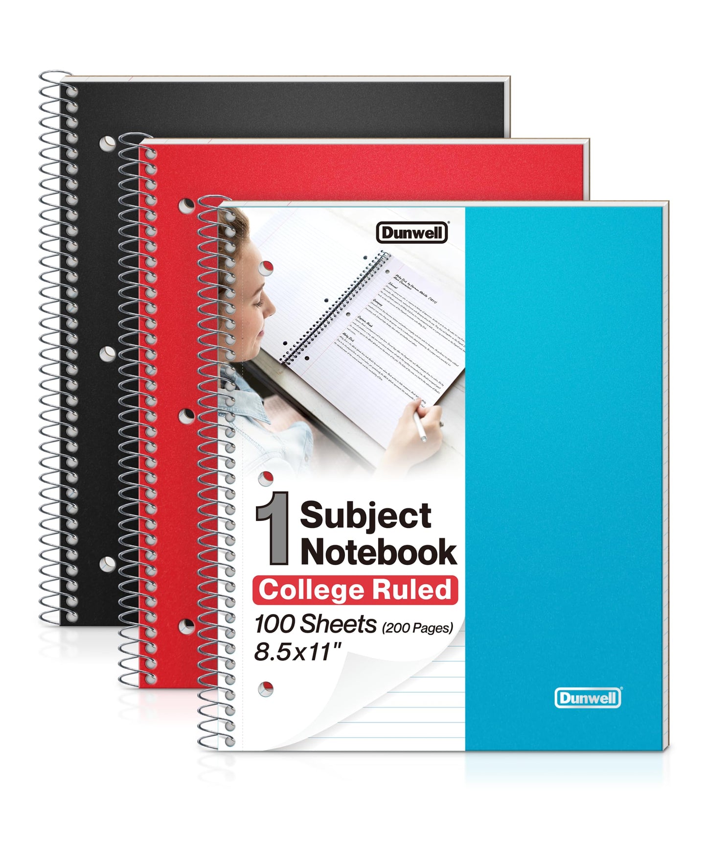 Dunwell 1-Subject College Ruled Spiral Notebook 8.5x11, 100 Sheets, Black | Plastic Cover, Pocket Divider, 3-Hole Punched, Perforated Pages, Fits 8.5x11 Paper